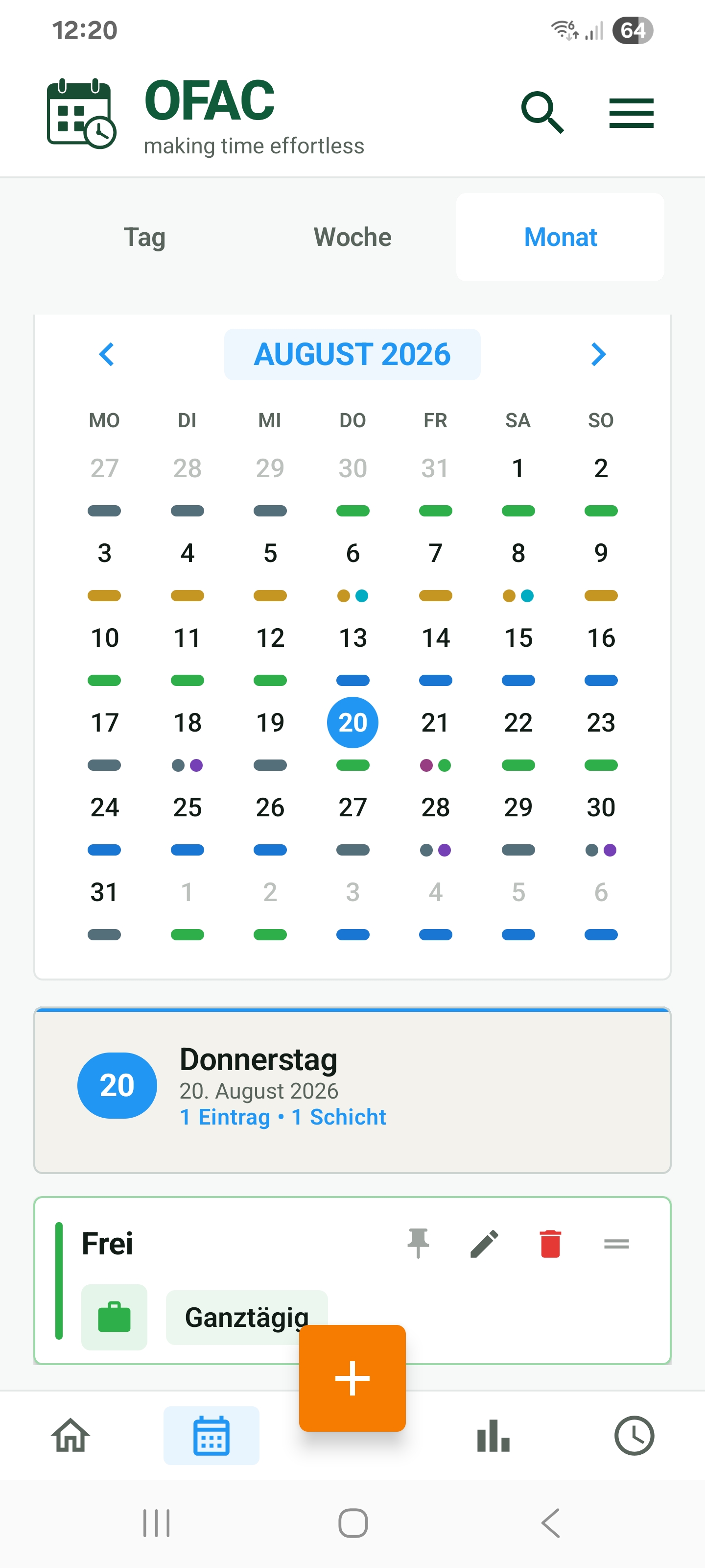 OFAC Monatskalender mit farbigen Schichten und freiem Tag