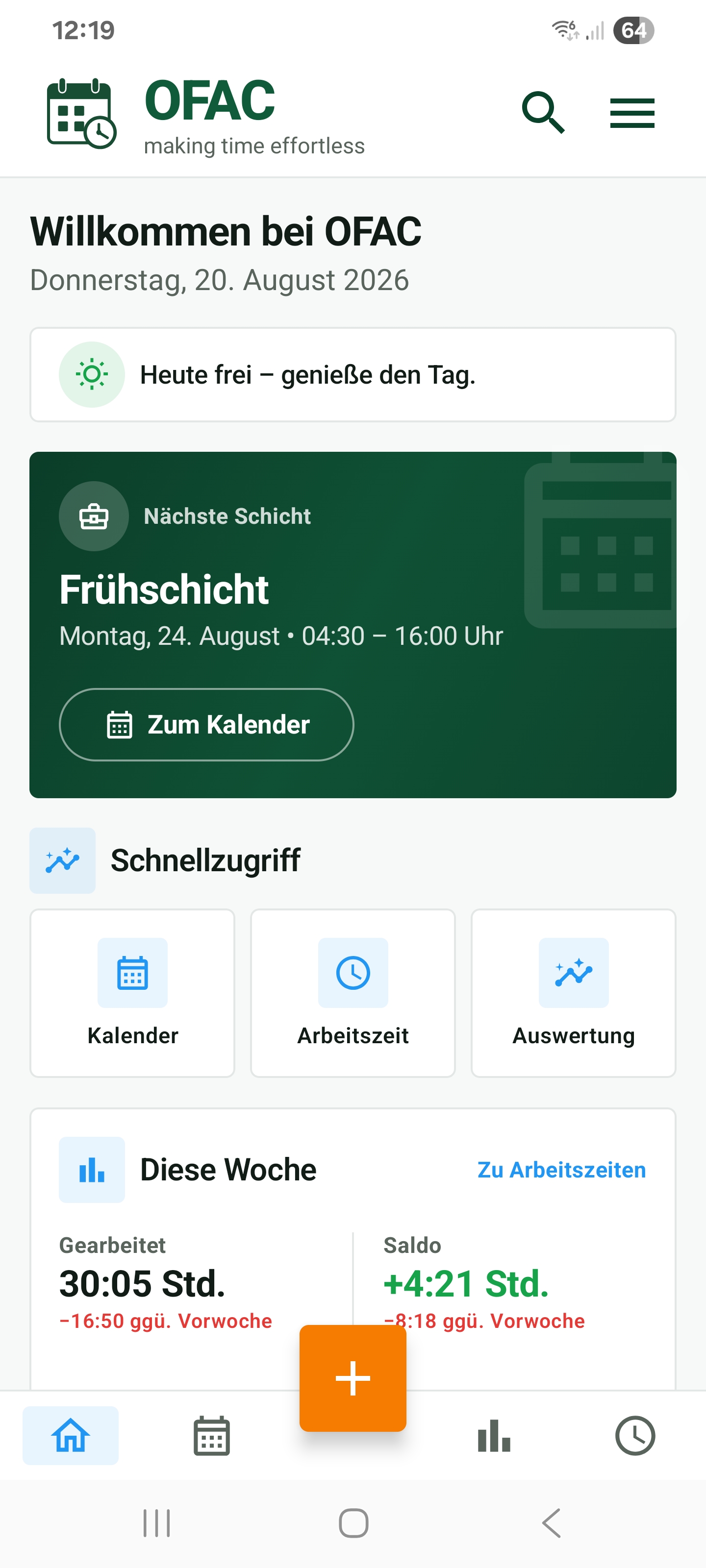 OFAC Dashboard mit nächster Schicht, Schnellzugriffen und Wochenübersicht