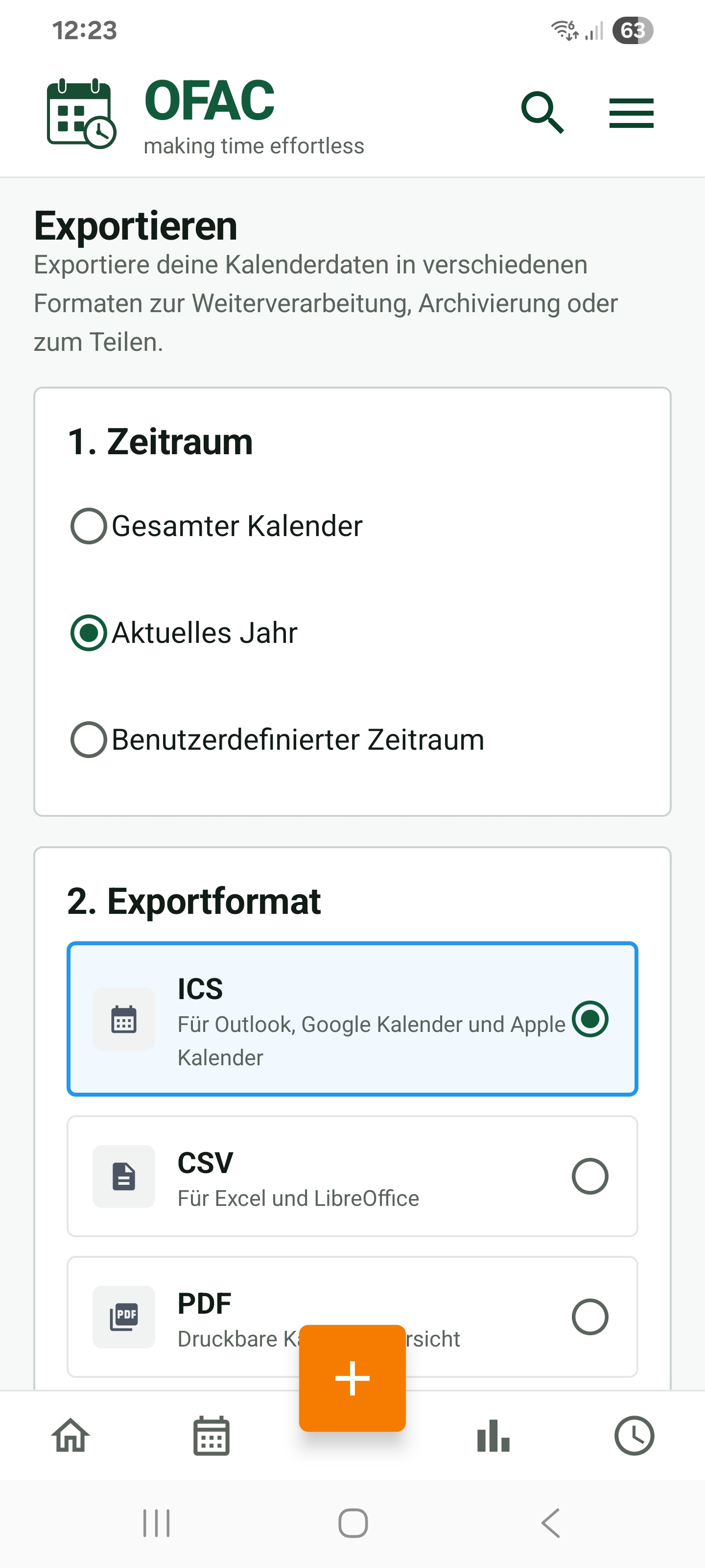 OFAC Exportformat-Auswahl mit ICS, CSV, PDF und JSON