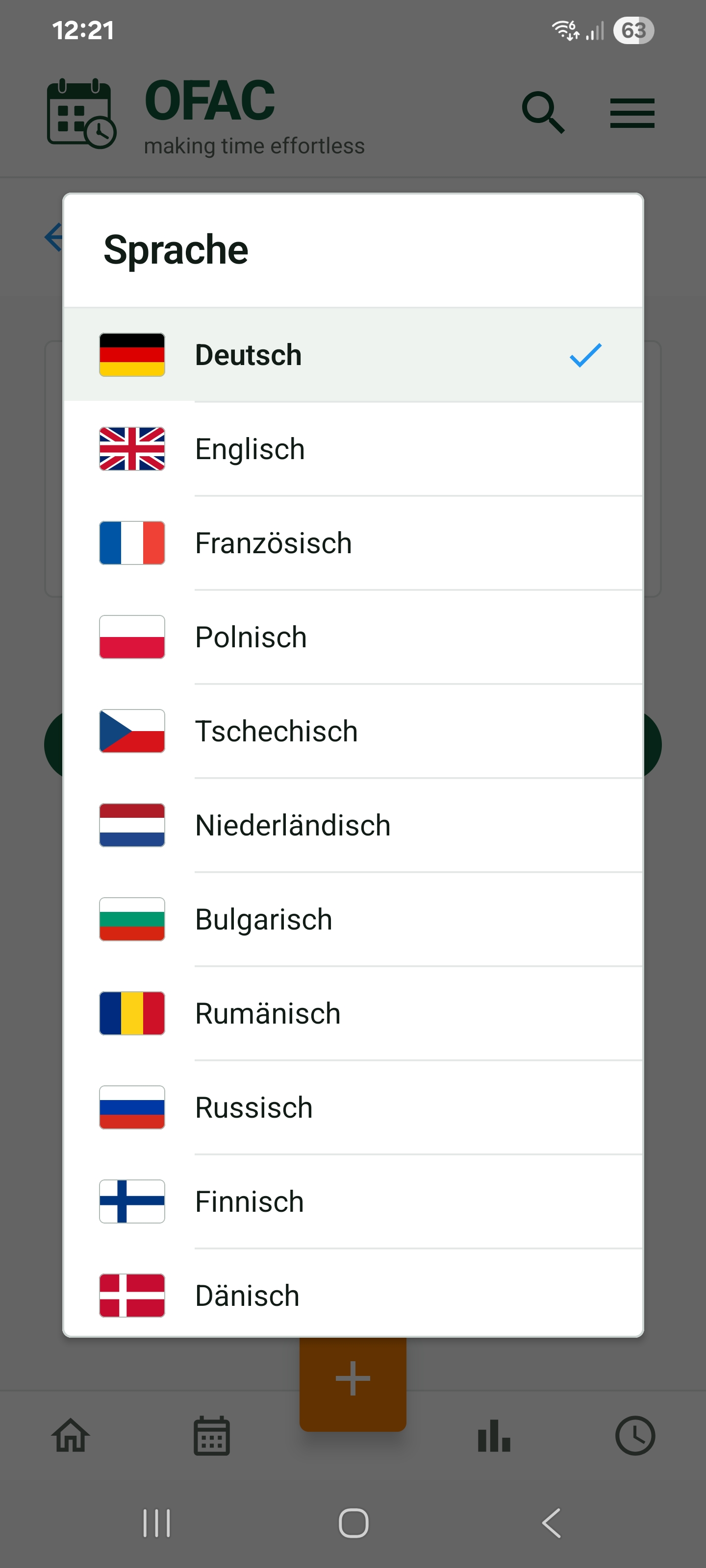 OFAC Sprachauswahl mit elf unterstützten Sprachen