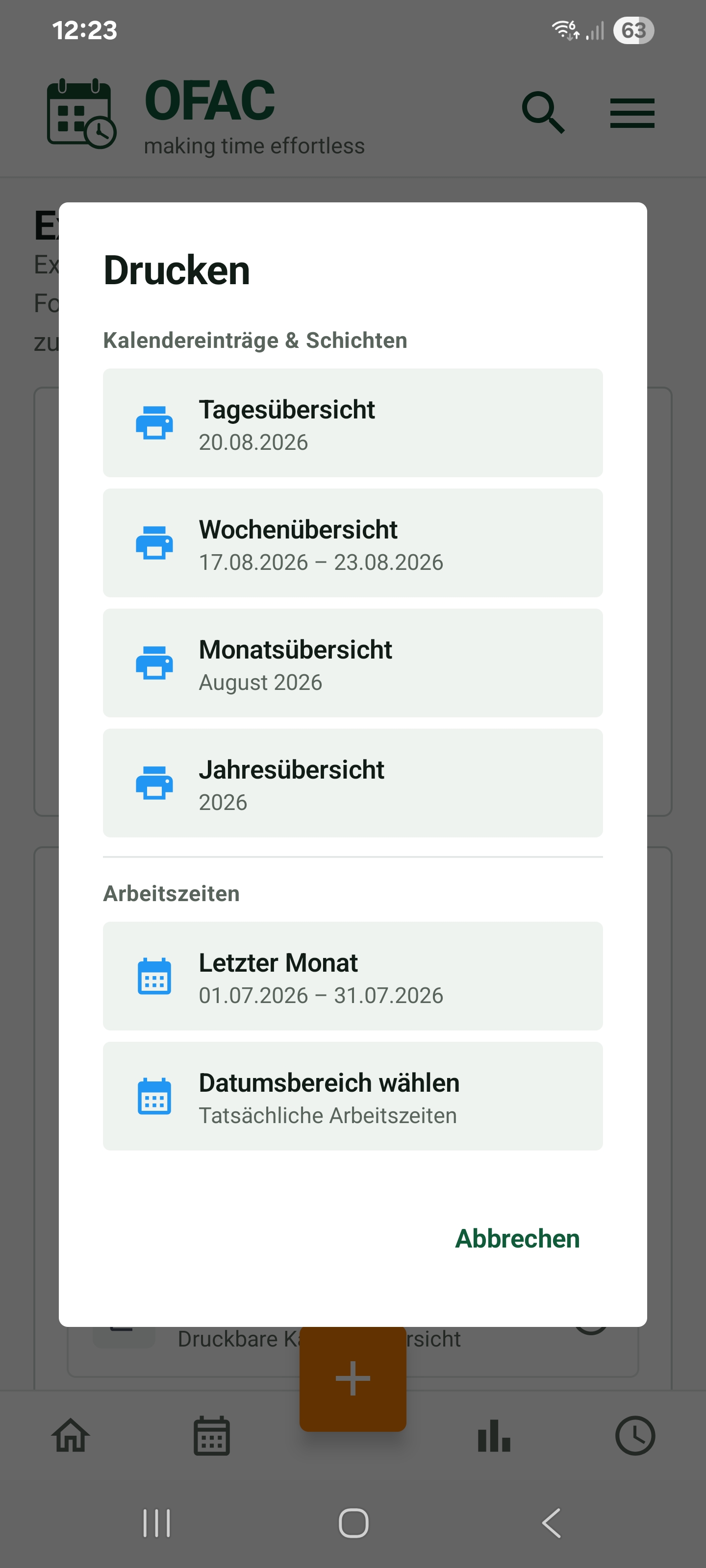 OFAC Druckdialog mit Tages-, Wochen-, Monats- und Jahresübersicht